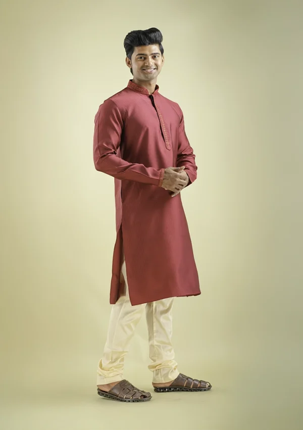 Nawab Parker Wedding Wear Maroon Color Kurta Pajama For Men right view