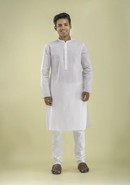 Nawab Parker White Checkered Kurta Pajama for Men Festive Style front view