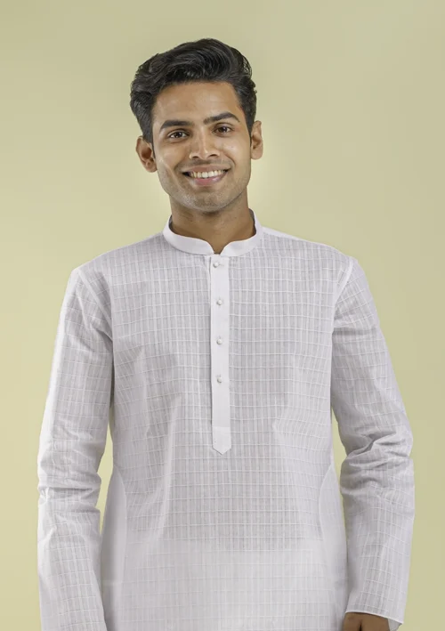 Nawab Parker White Checkered Kurta Pajama for Men Festive Style half front view