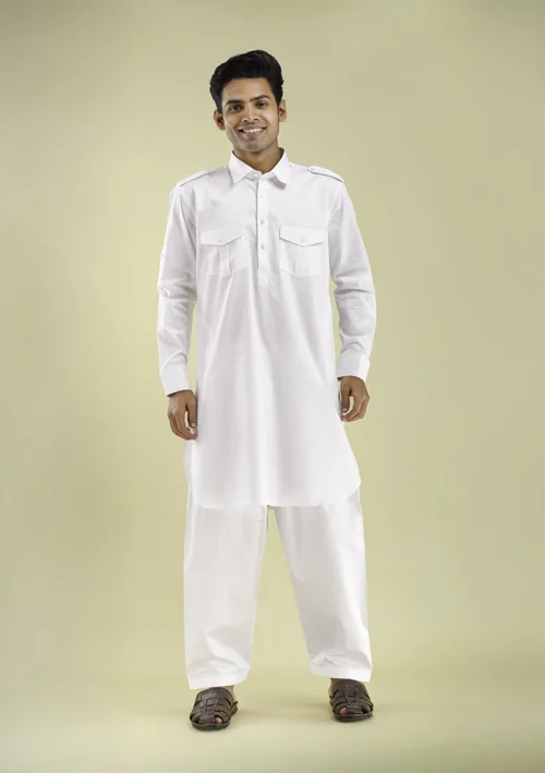 Nawab Parker White Pathani Kurta Pajama for Men Eid Traditional Design front view