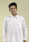 Nawab Parker White Pathani Kurta Pajama for Men Eid Traditional Design half front view