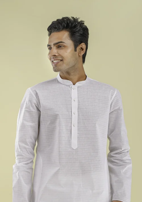 Nawab Parker White Textured Kurta Pajama for Men Casual Elegance half front view