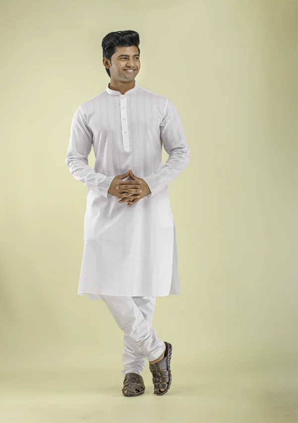 Nawab Parker Self-Jacquard White Kurta Pajama for Wedding Glow right view