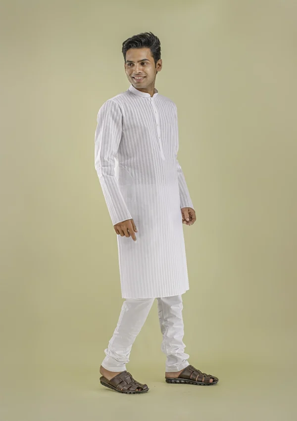 Nawab Parker Striped White Kurta Pajama Design for Men right view