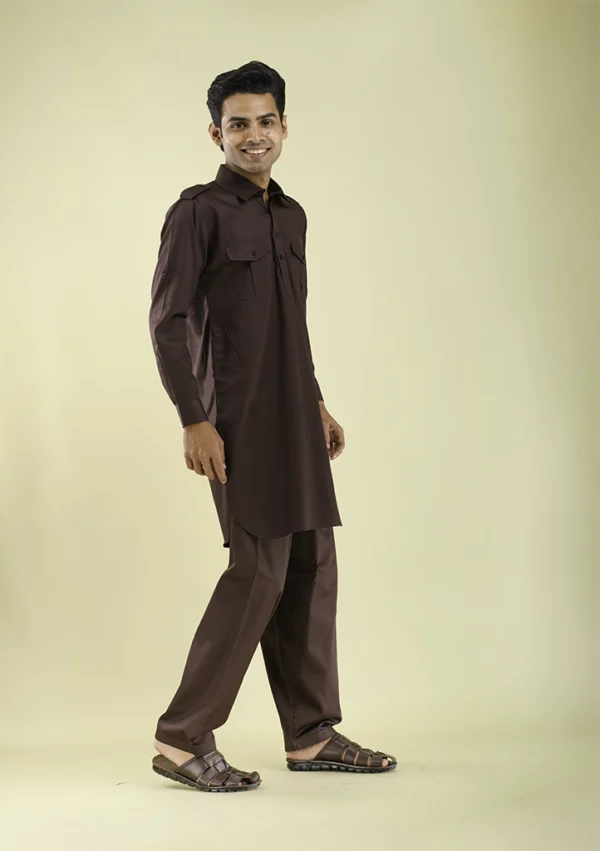 Nawab Parker Punjabi Style Brown Pathani Kurta Pajama for Men right view
