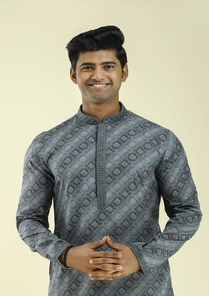 Looking for the Best Kurta Shop in Patna? Start Here nawab parker buy designer firozi blue printed kurta pajama for men half front view
