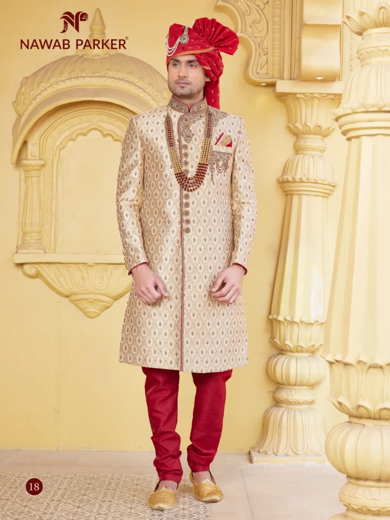 Golden Embroidered Sherwani with Red Accents (1)