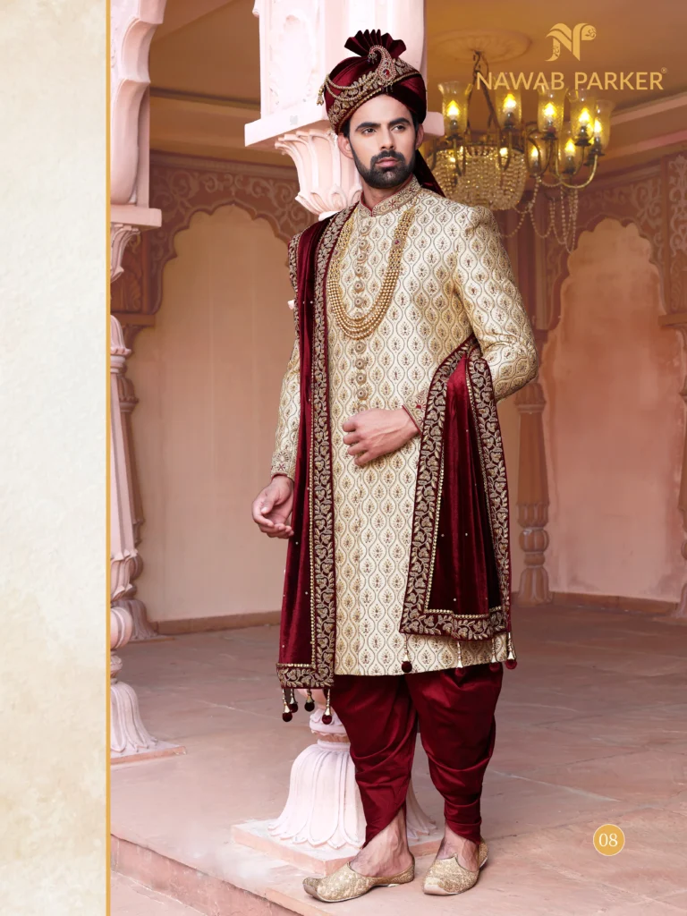 Golden and Maroon Brocade Sherwani with Dhoti Pants (2)