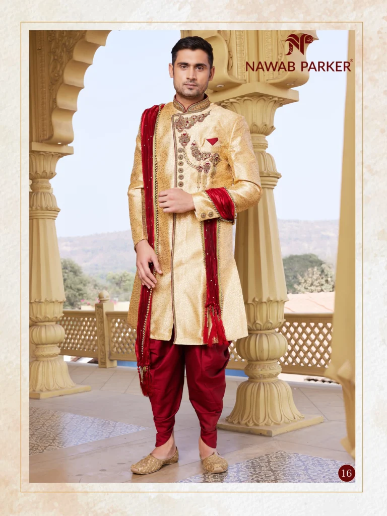 Golden and Maroon Indo-Western Sherwani with Dhoti Pants (1)
