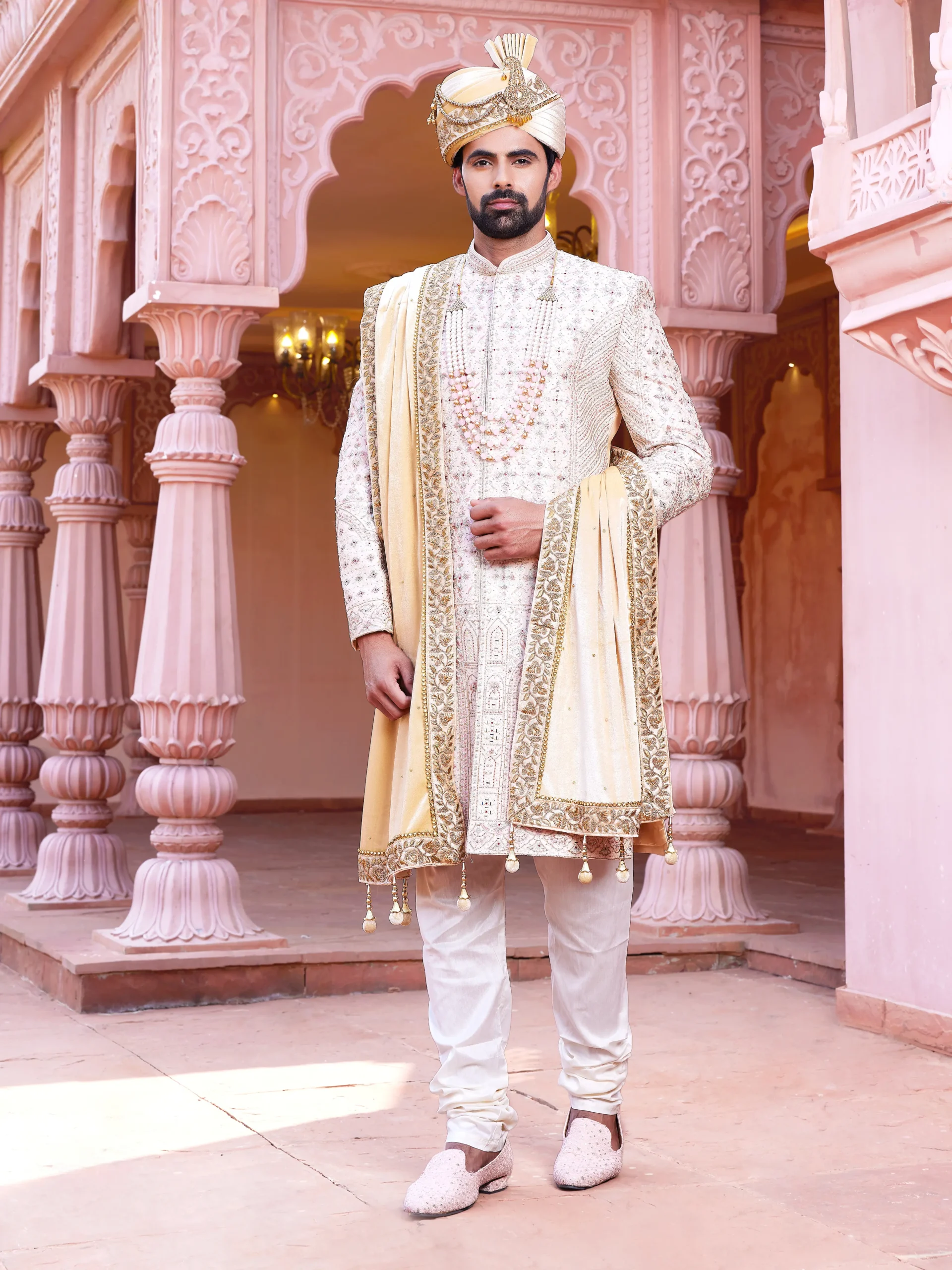 Ethnic Fashion for Men, Wedding & Reception Off White and Gold Embroidered Sherwani with a Velvet Stole 1 scaled