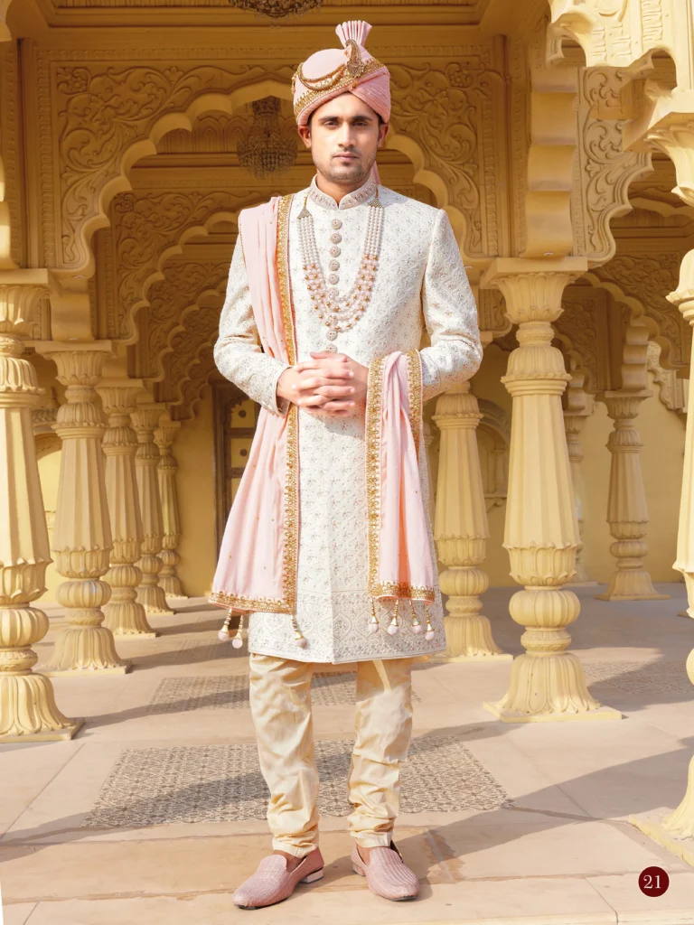 Off-White and Pink Embroidered Sherwani (1)