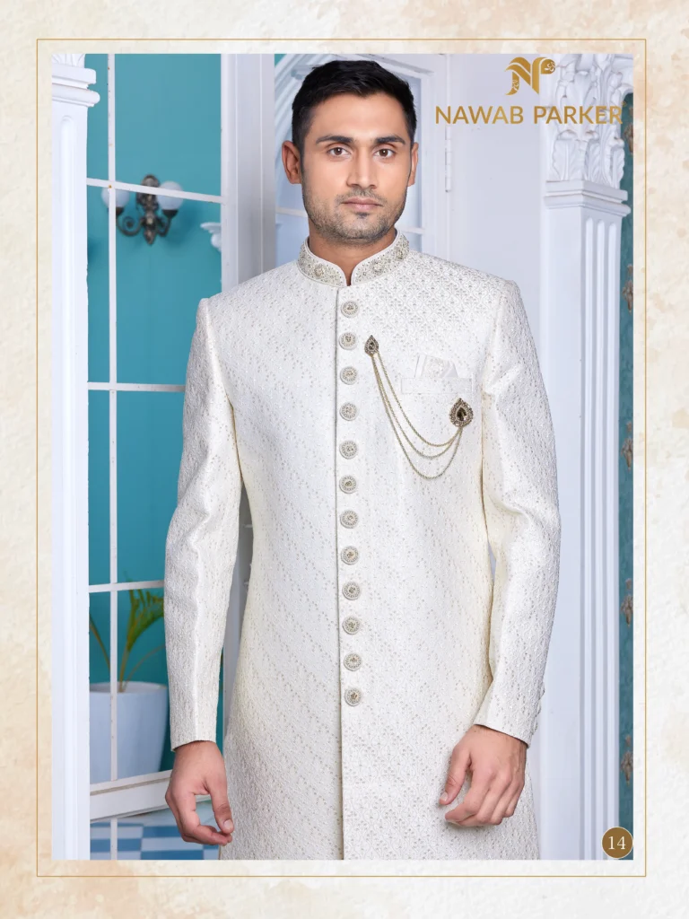 Off-WhiteCream Embellished Sherwani with Brooch Chain (1)