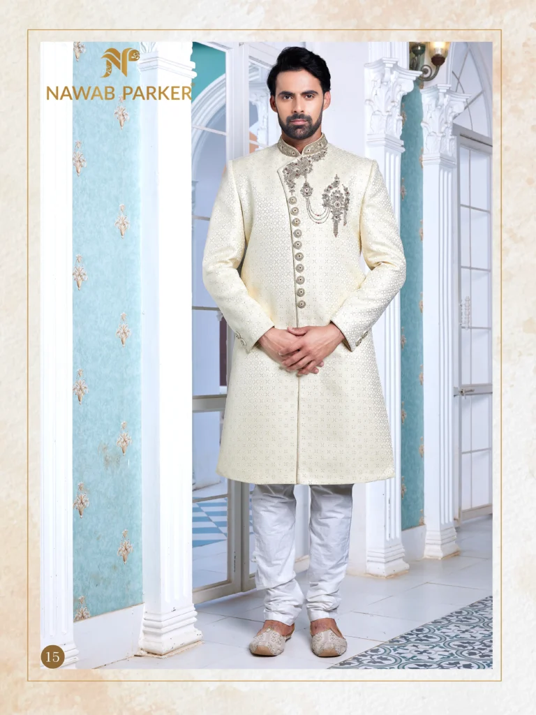 Off-WhiteCream Embroidered Sherwani with Shoulder Brooch Detail (1)
