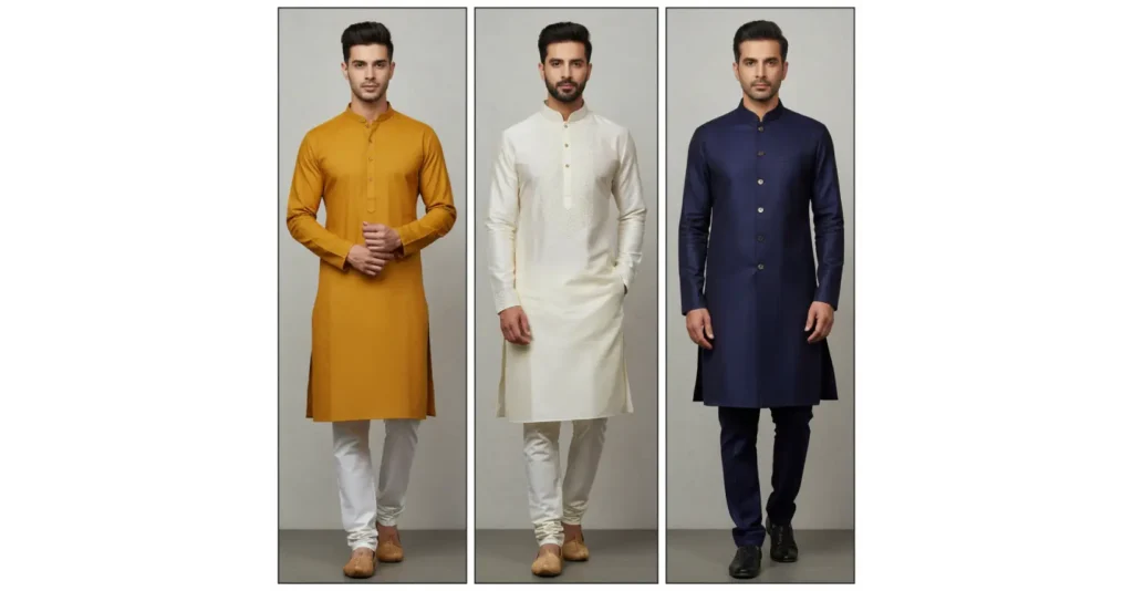 Different Nawab Parker kurta pajama styles for men – straight fit, silk embroidered, and bandhgala