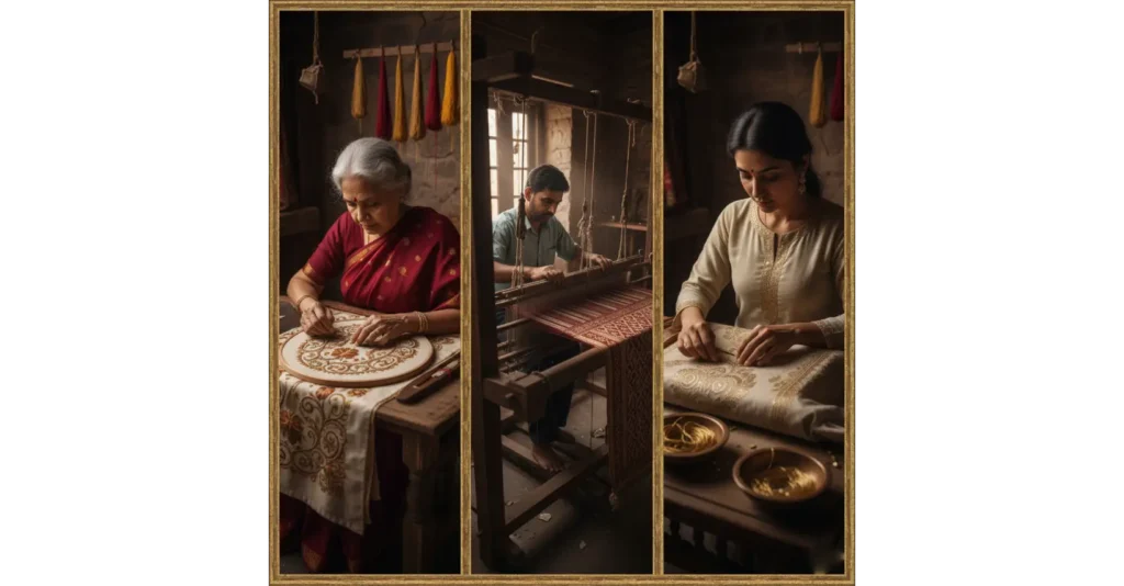 Handcrafted embroidery and traditional fabric detailing used in Nawab Parker Diwali kurtas