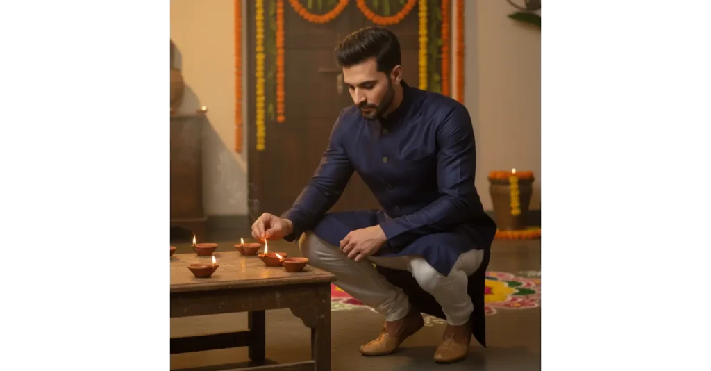 Man in Nawab Parker kurta pajama lighting diyas on Diwali evening